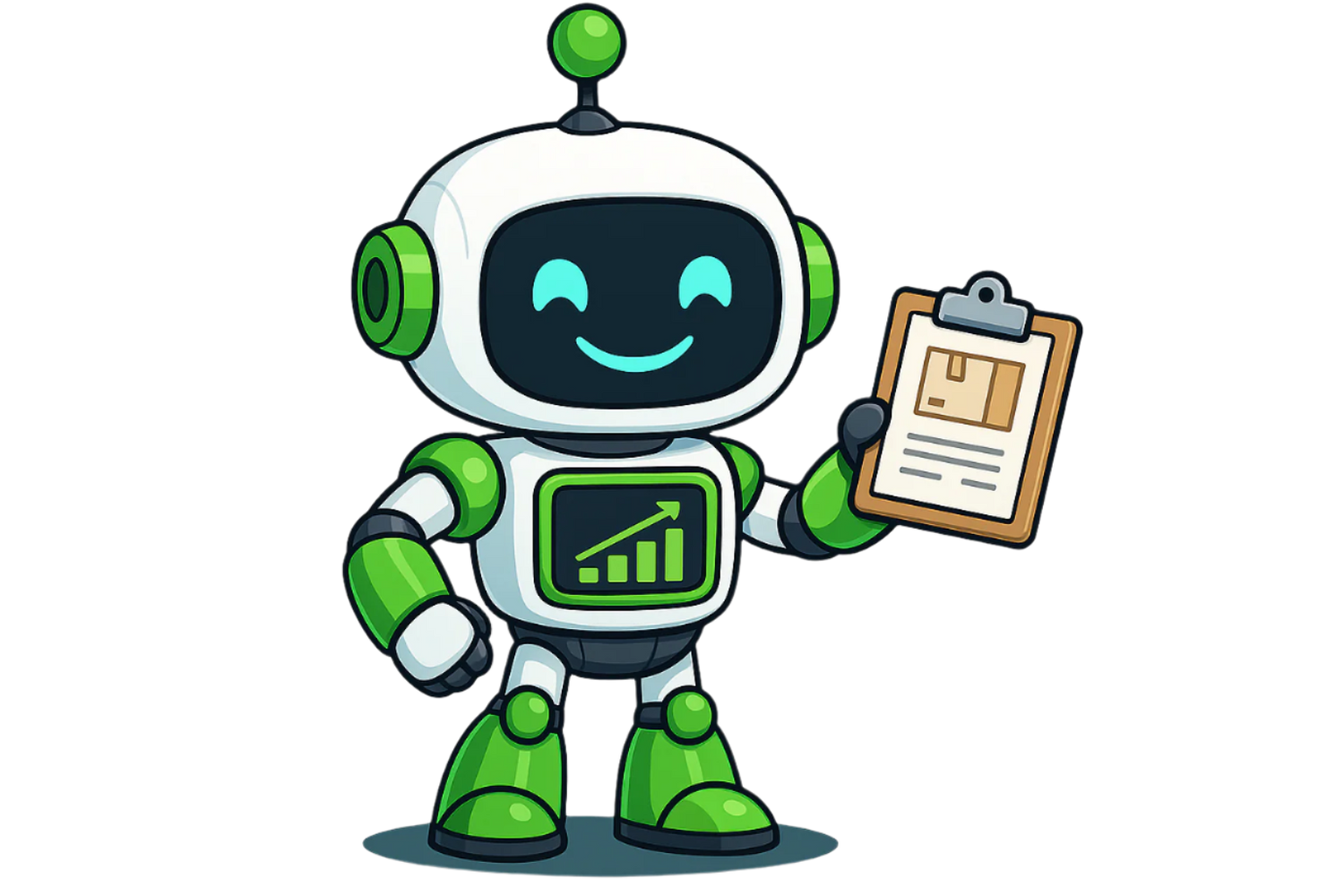 Robot holding a very small clipboard with shipping documents