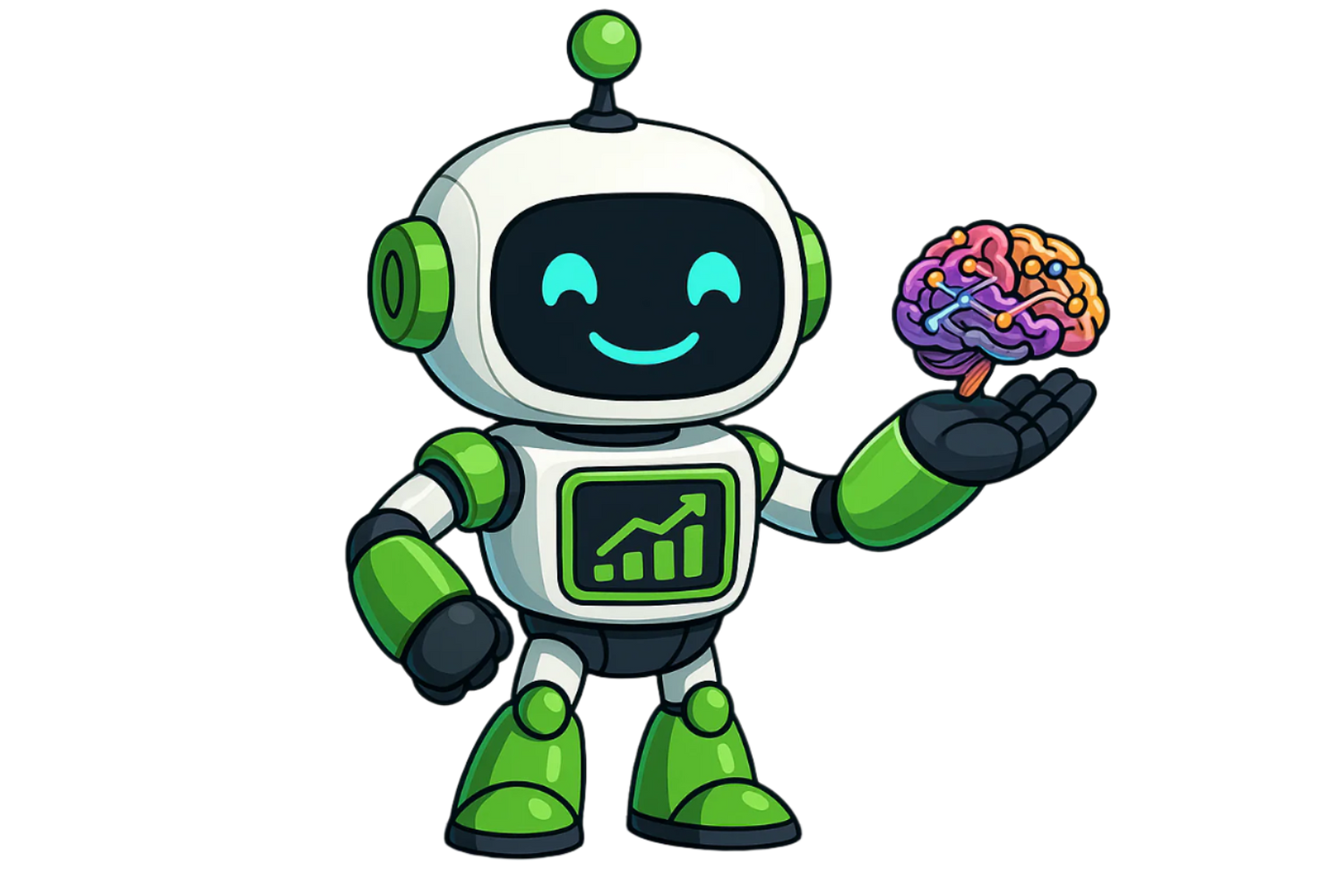 Robot holding a very small colorful brain with neural connections