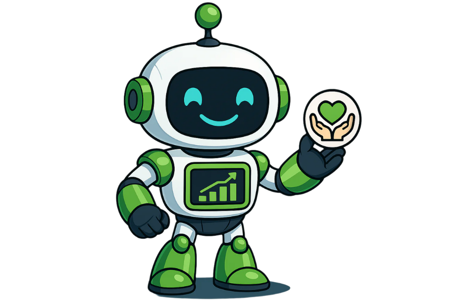 Robot holding a very small helping hands symbol