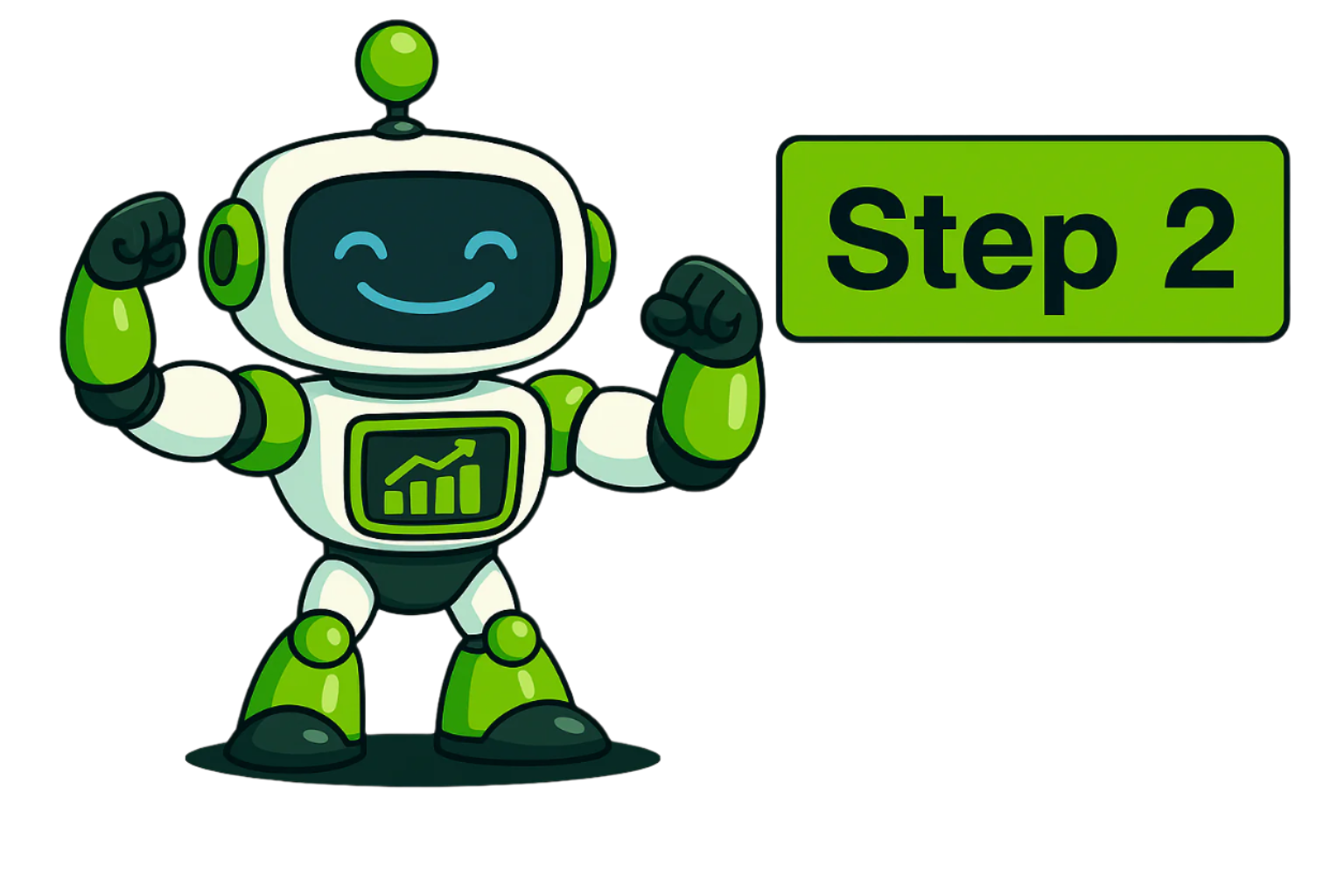 Ben the robot flexing with Step 2 sign without white background behind head