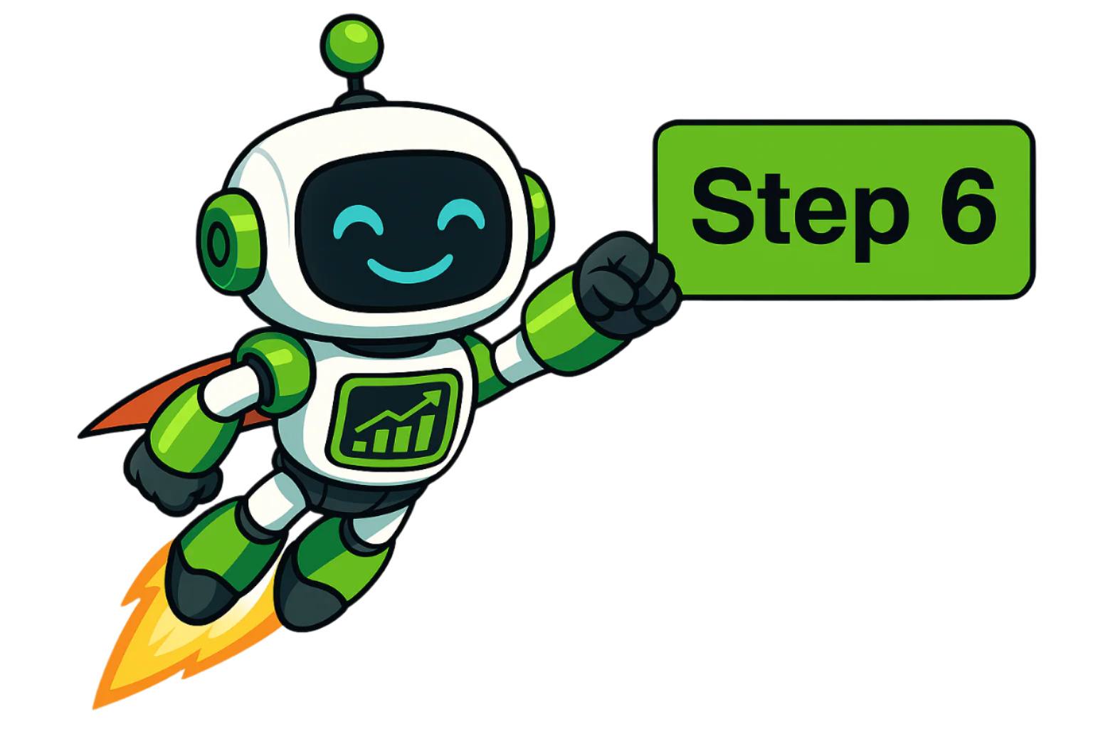 Ben the robot flying with Step 6 sign