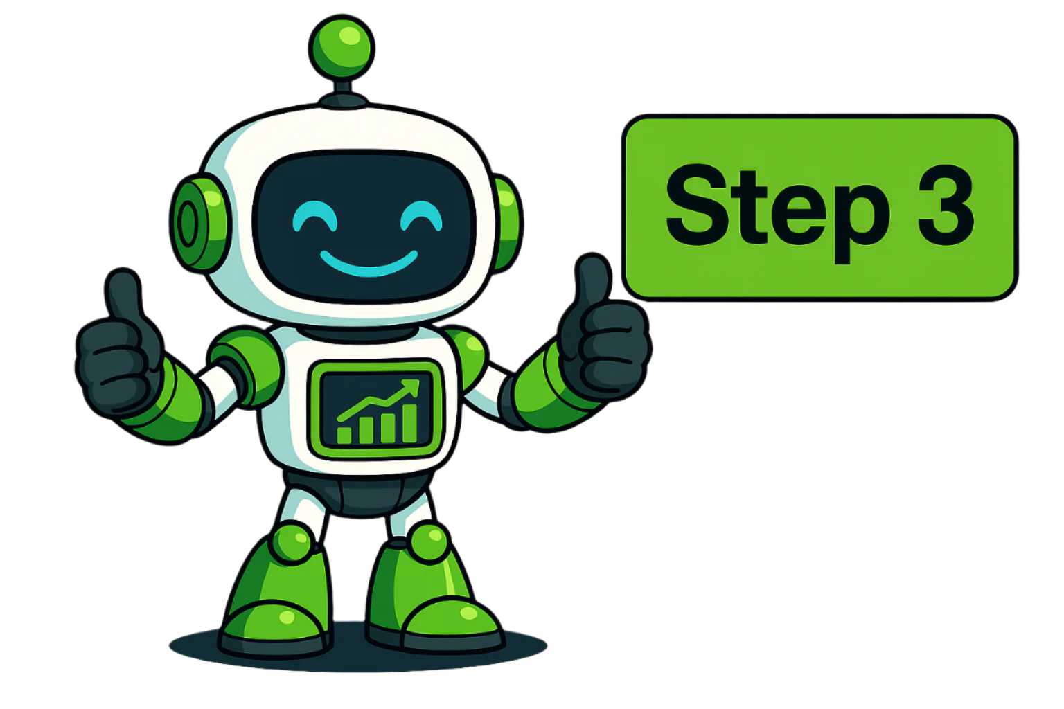 Ben the robot giving double thumbs up with Step 3 sign