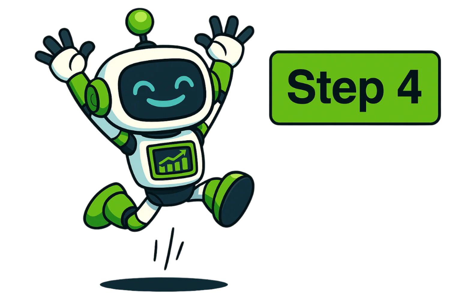 Ben the robot jumping with Step 4 sign