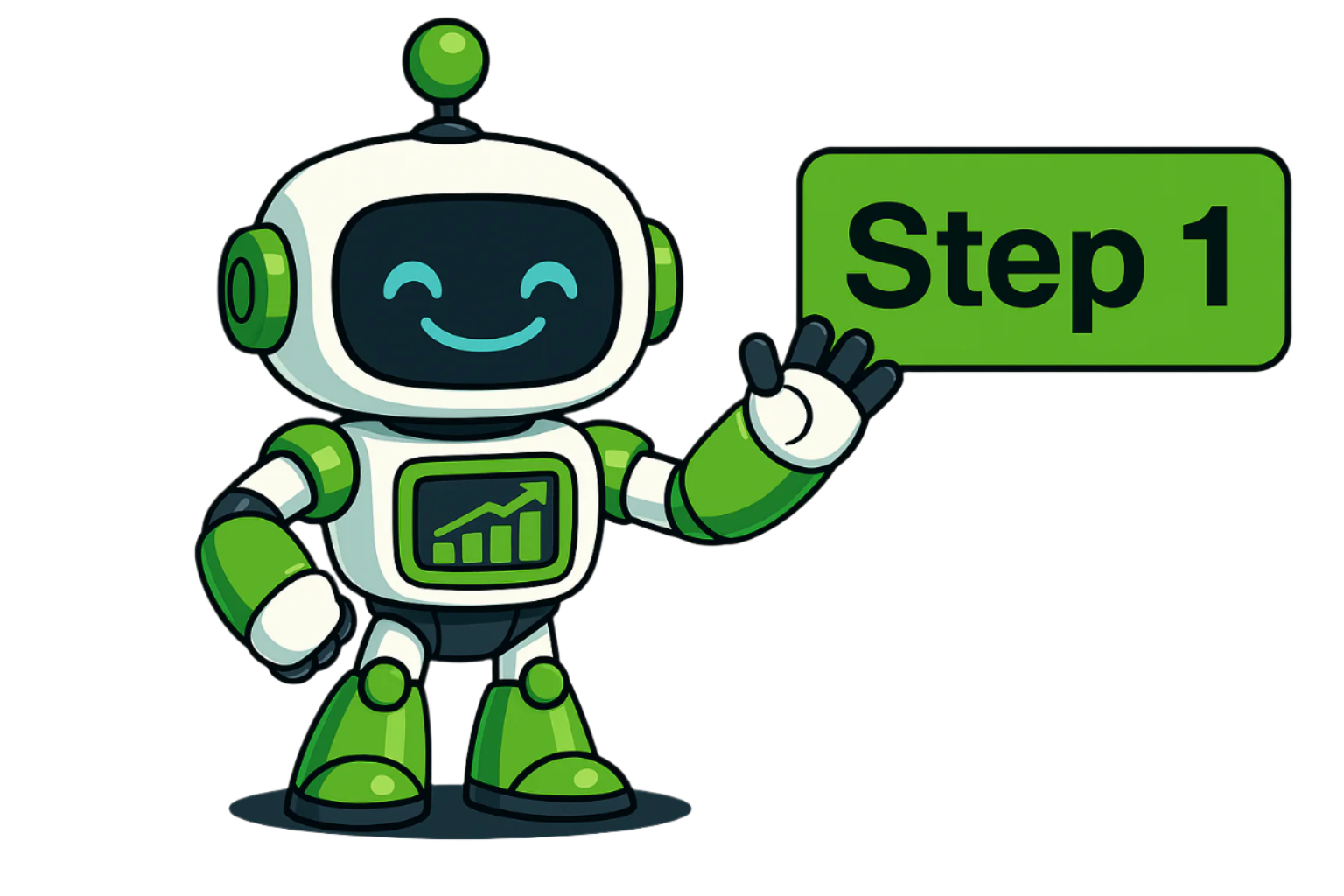 Ben the robot waving with Step 1 sign with space